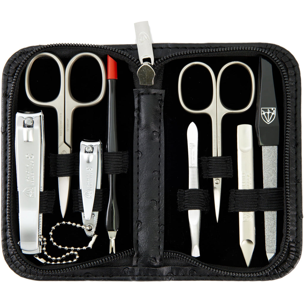 3 Swords Germany – 8-Piece Manicure & Pedicure Kit in Ostrich Black Synthetic Leather Case | Made in Germany