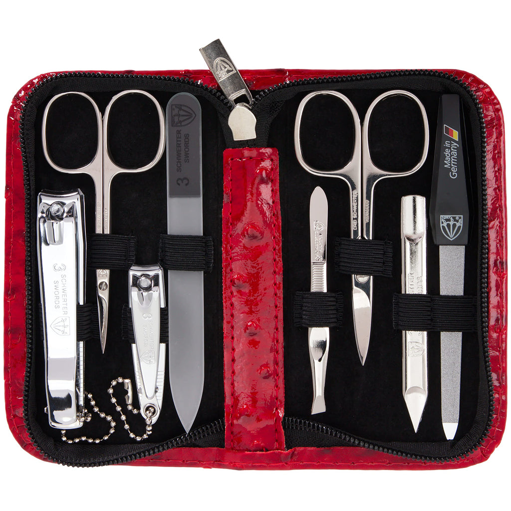 3 Swords Germany - 8-Piece Manicure & Pedicure Kit in Red Ostrich Leather Case | Made in Germany