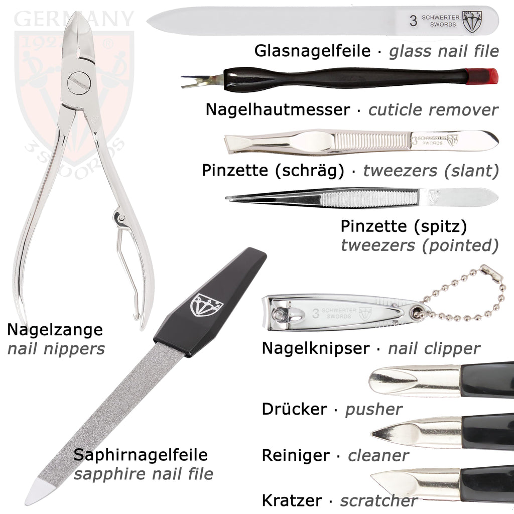 3 Swords Germany – 12-Piece Manicure & Pedicure Kit in Red Leather Case | Made in Germany