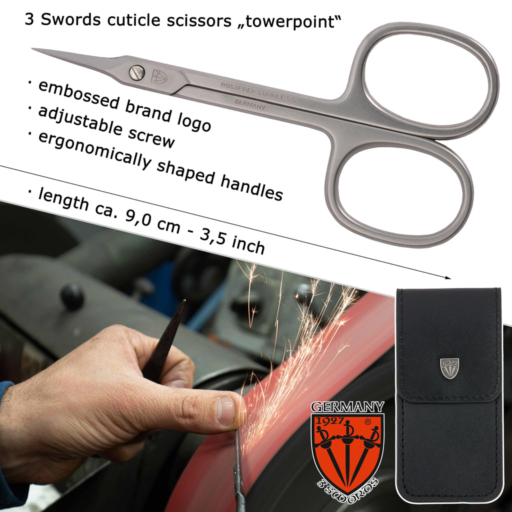 3 Swords Germany Curved Cuticle Scissors – INOX Stainless Steel, Towerpoint, Case Included | Made in Germany