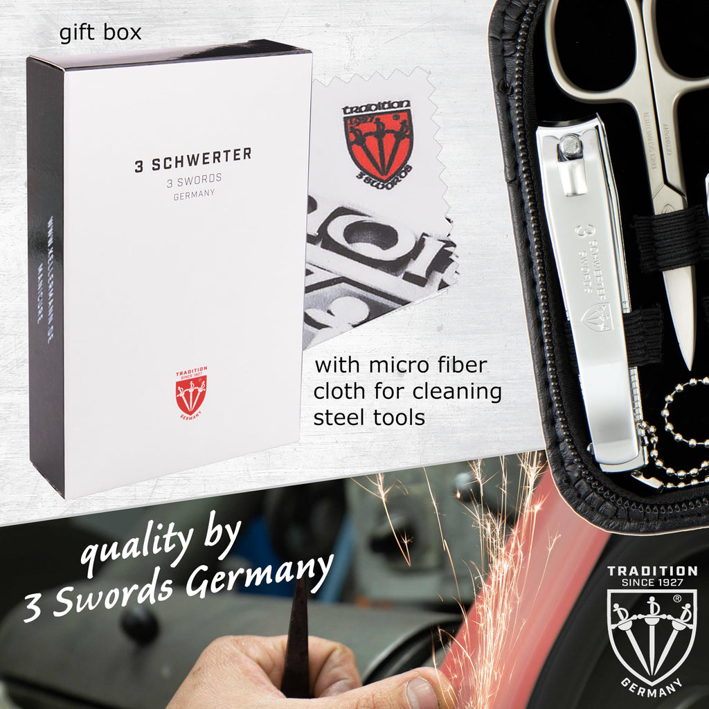 3 Swords Germany – 8-Piece Manicure & Pedicure Kit in Ostrich Black Synthetic Leather Case | Made in Germany