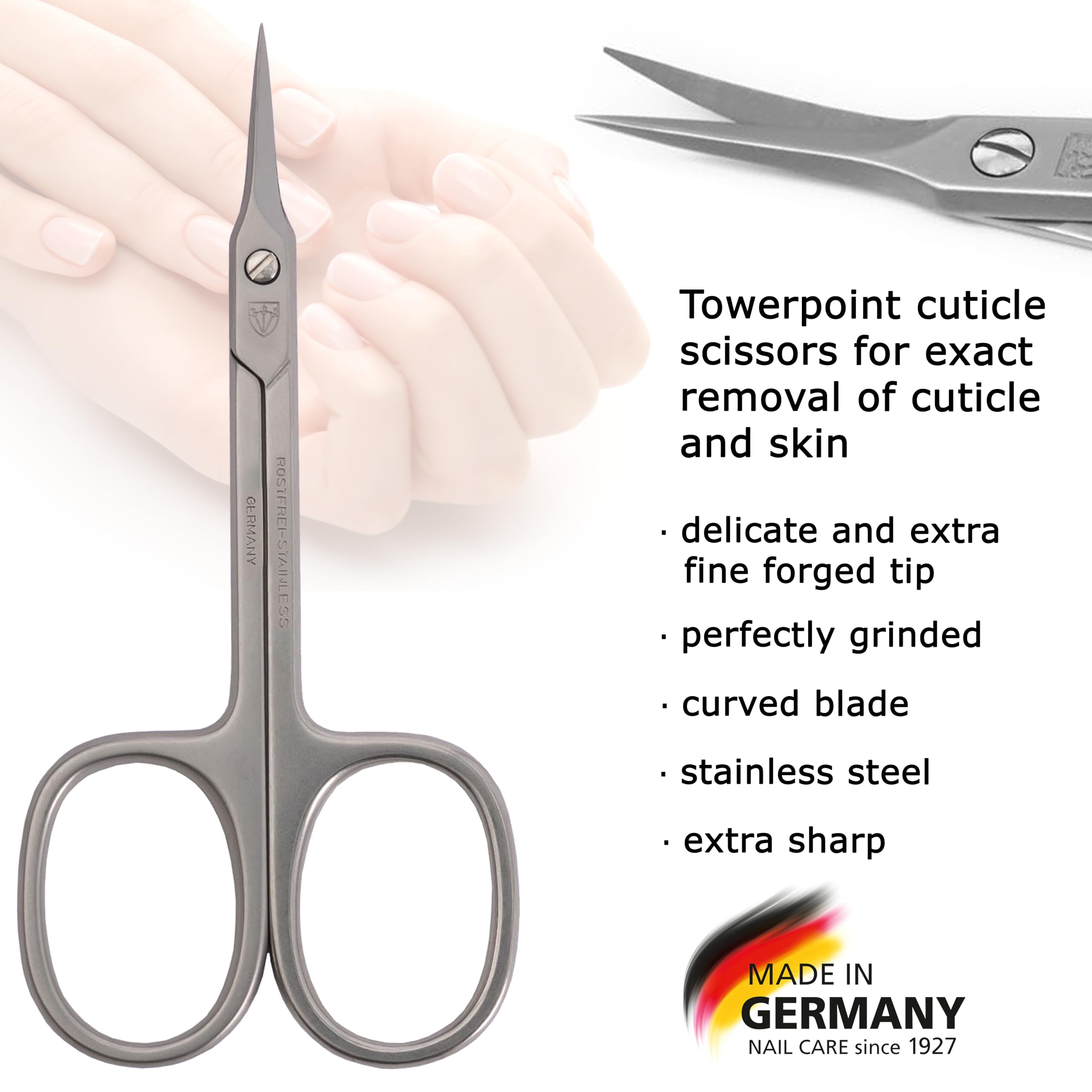 3 Swords Germany Curved Cuticle Scissors – INOX Stainless Steel, Towerpoint, Case Included | Made in Germany