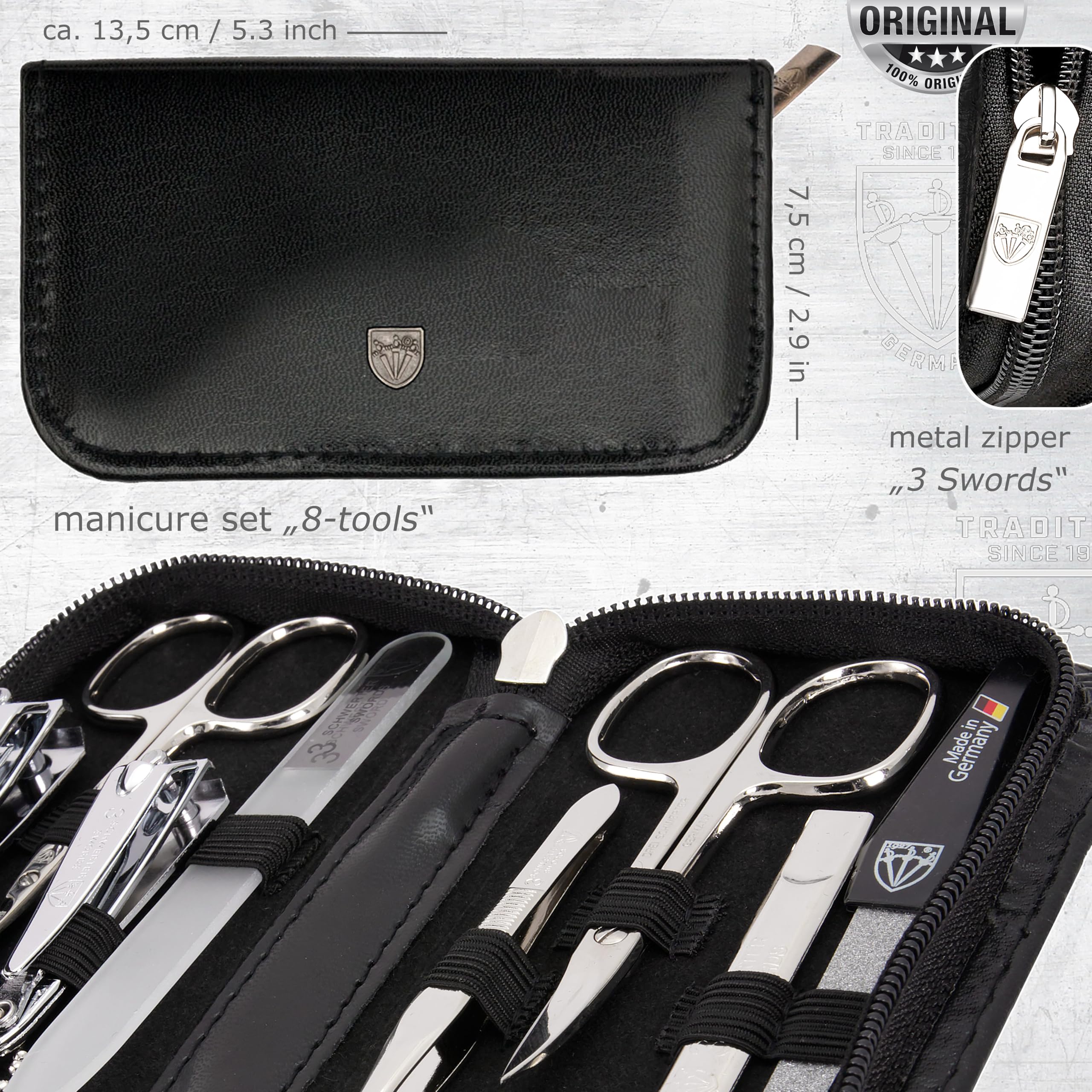 3 Swords Germany - 8-Piece Manicure & Pedicure Kit in Black Synthetic Leather Case - Made in Germany