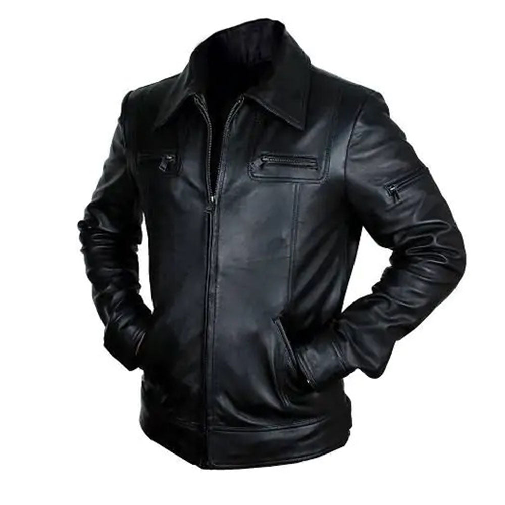 Men's Black Leather Classic-Collar Jacket