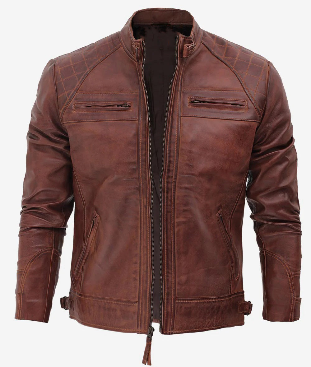 Men's Distressed Biker Leather Jacket | Brown