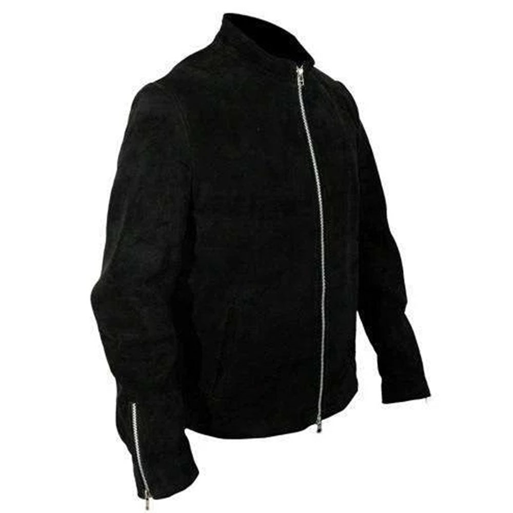 Men's Black Suede Stand-Collar Jacket