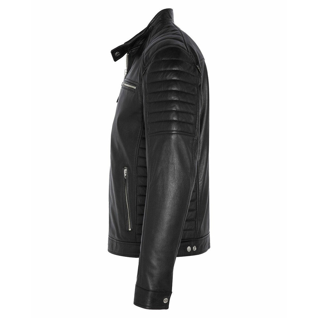 Men's Quilted-Shoulder Black Leather Jacket