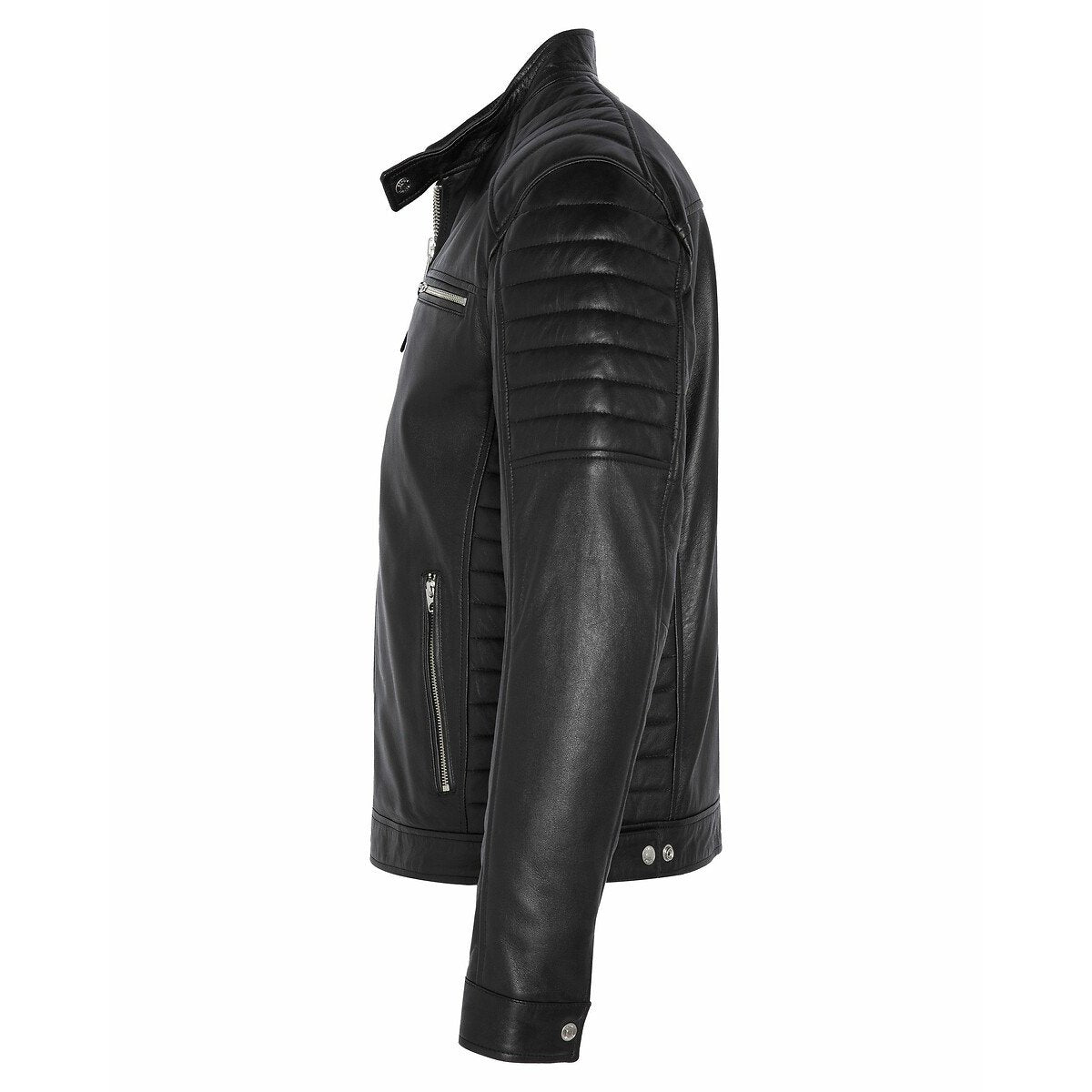 Men's Quilted-Shoulder Black Leather Jacket
