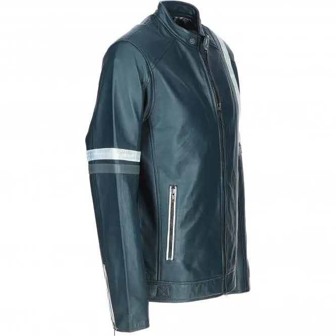 Men's Striped Leather Racer Jacket | Black & Blue