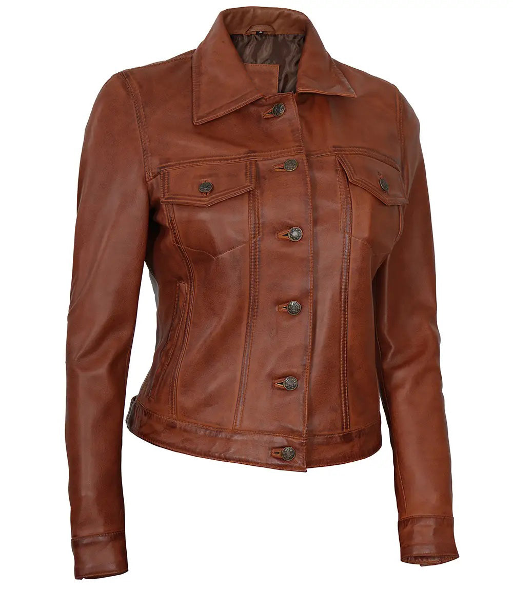 Women's Brown Leather Button-Front Trucker