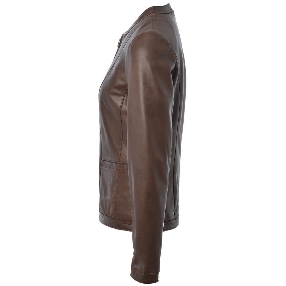 Women's Brown Collarless Leather Moto Jacket