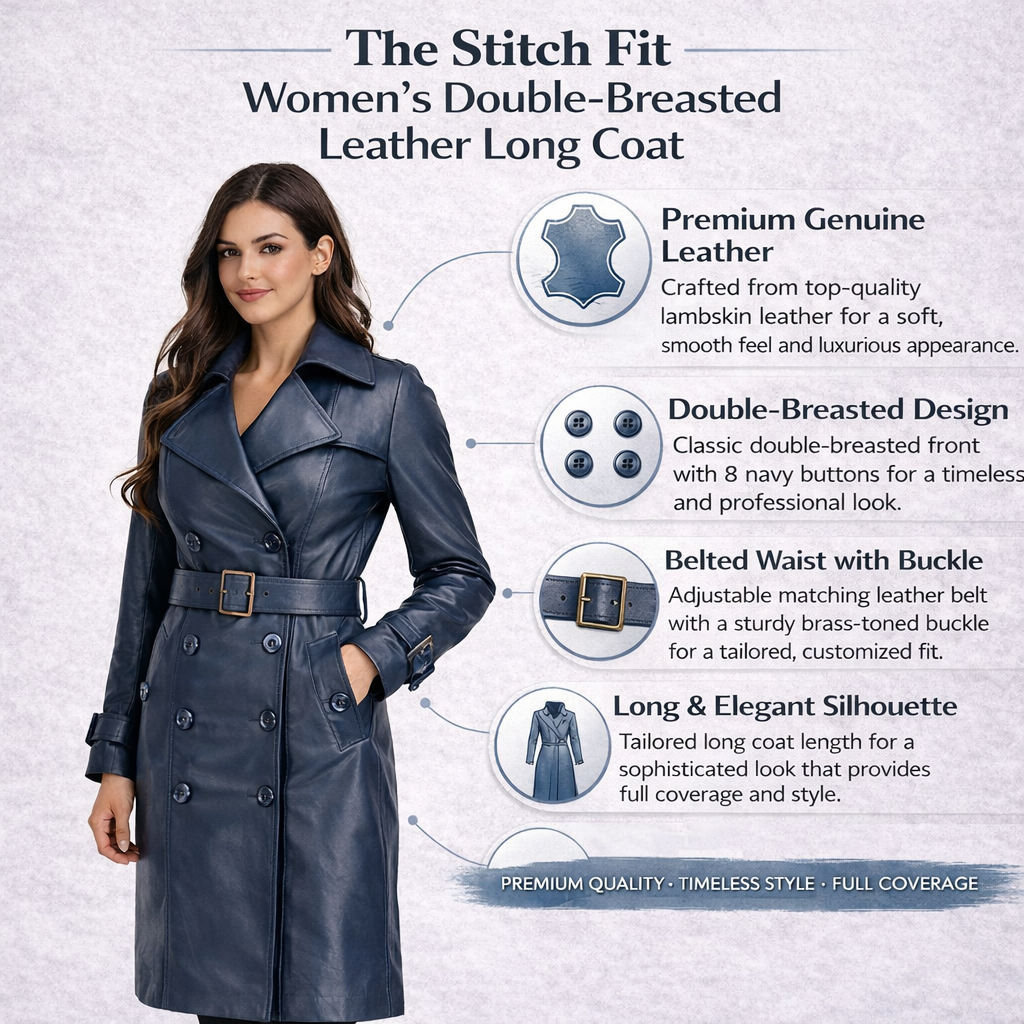 Women's Blue Leather Double-Breasted Trench
