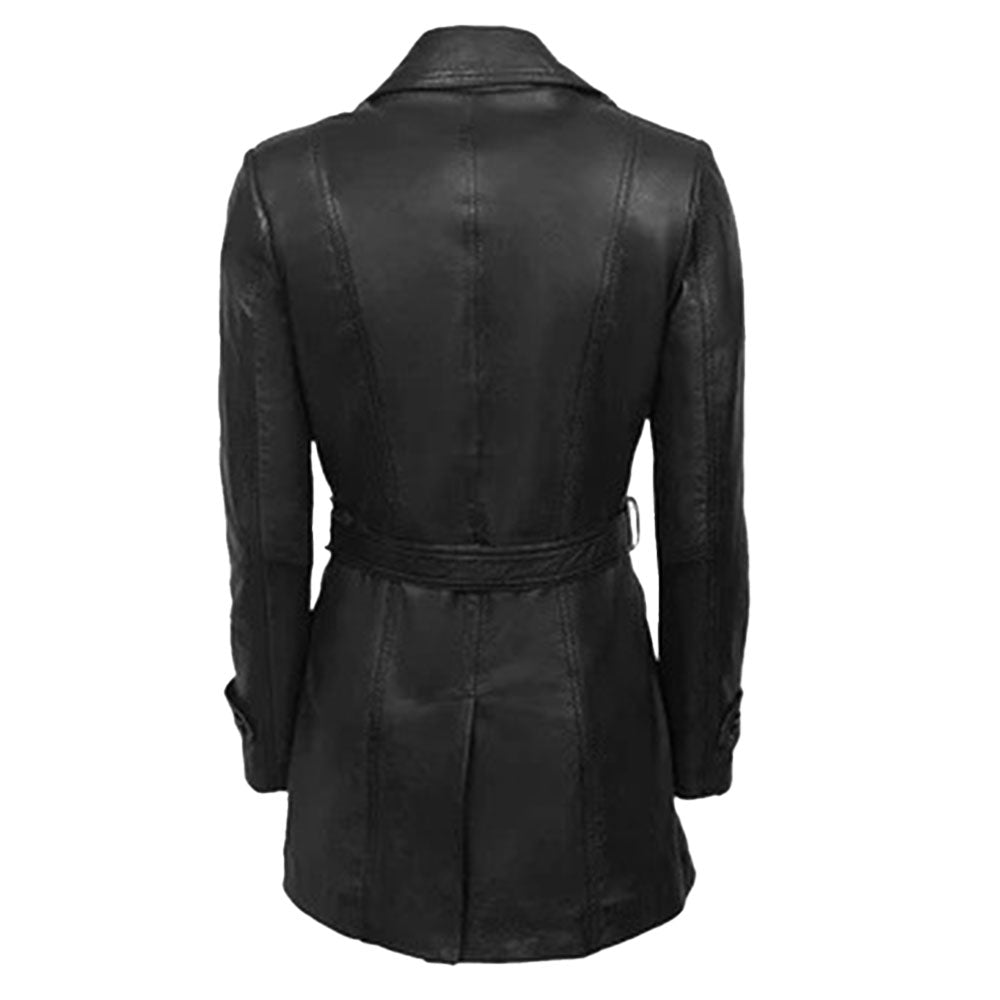 Women's Belted Three-Quarter Leather Coat