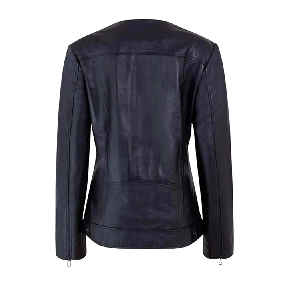 Women's Collarless Black Leather Jacket