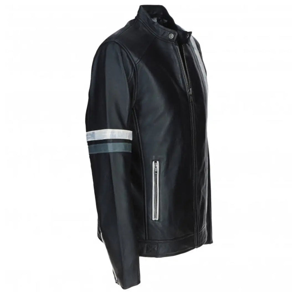Men's Striped Leather Racer Jacket | Black & Blue