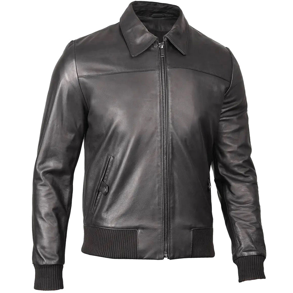 Men's Ribbed-Trim Black Leather Bomber