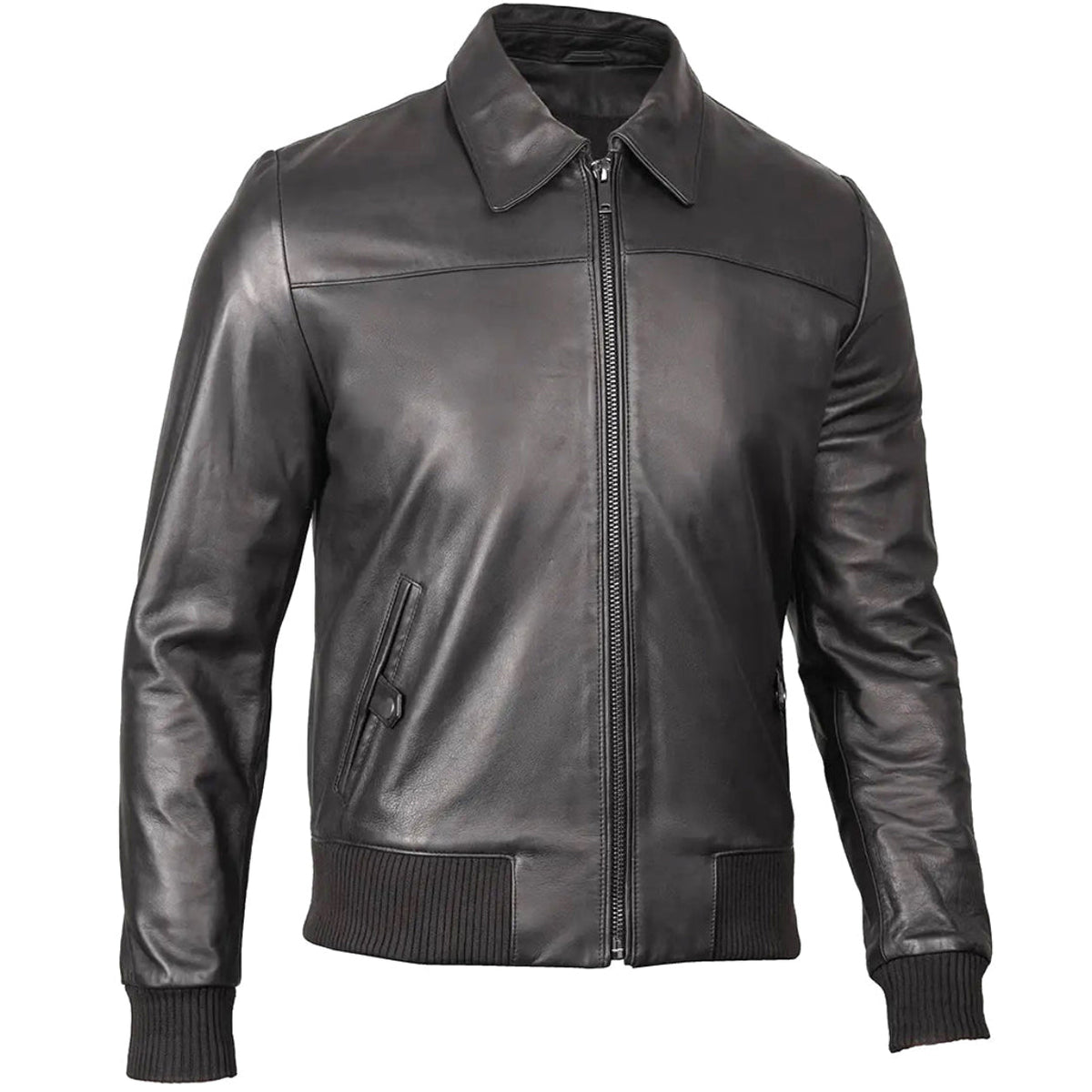 Men's Ribbed-Trim Black Leather Bomber