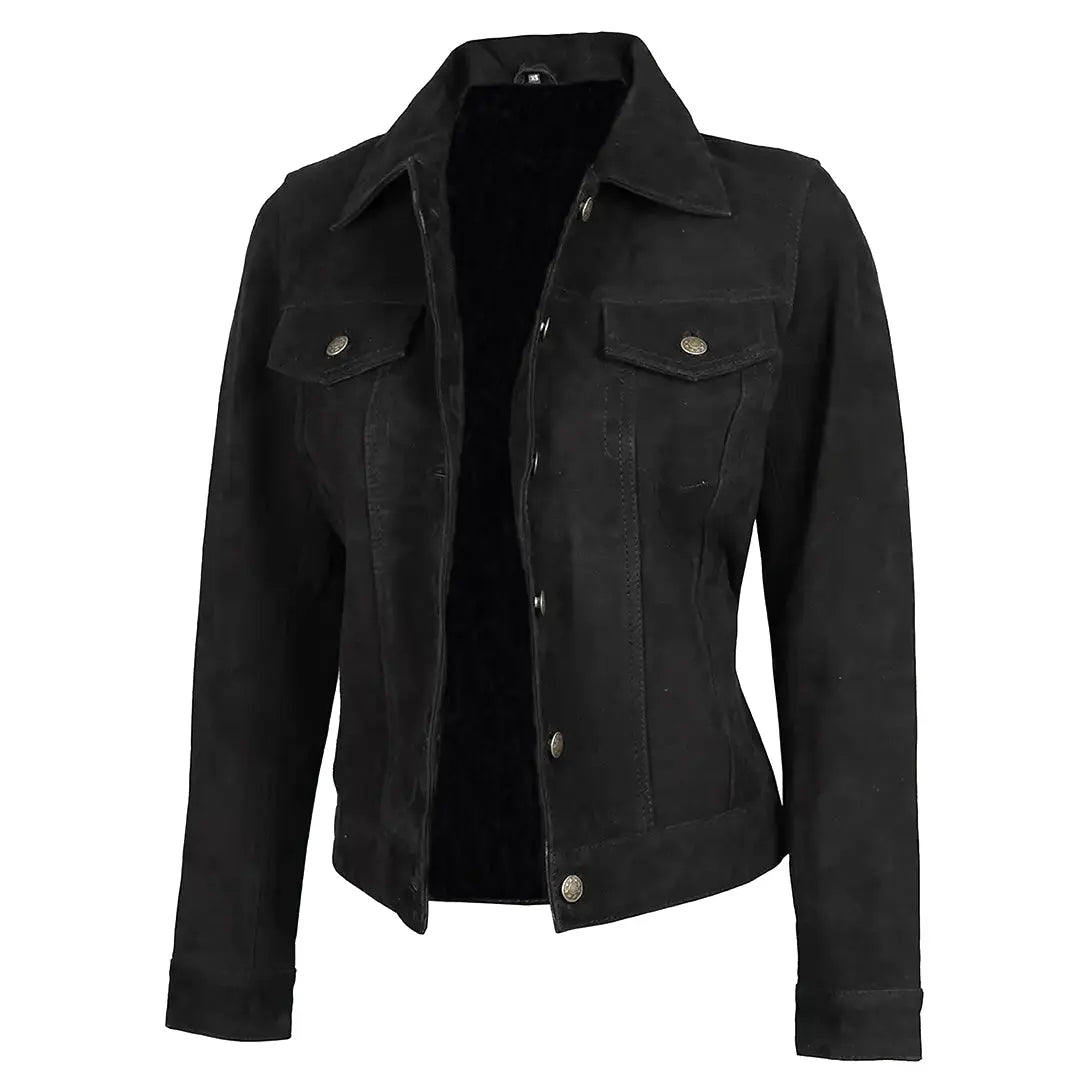 Women's Black Suede Trucker Jacket