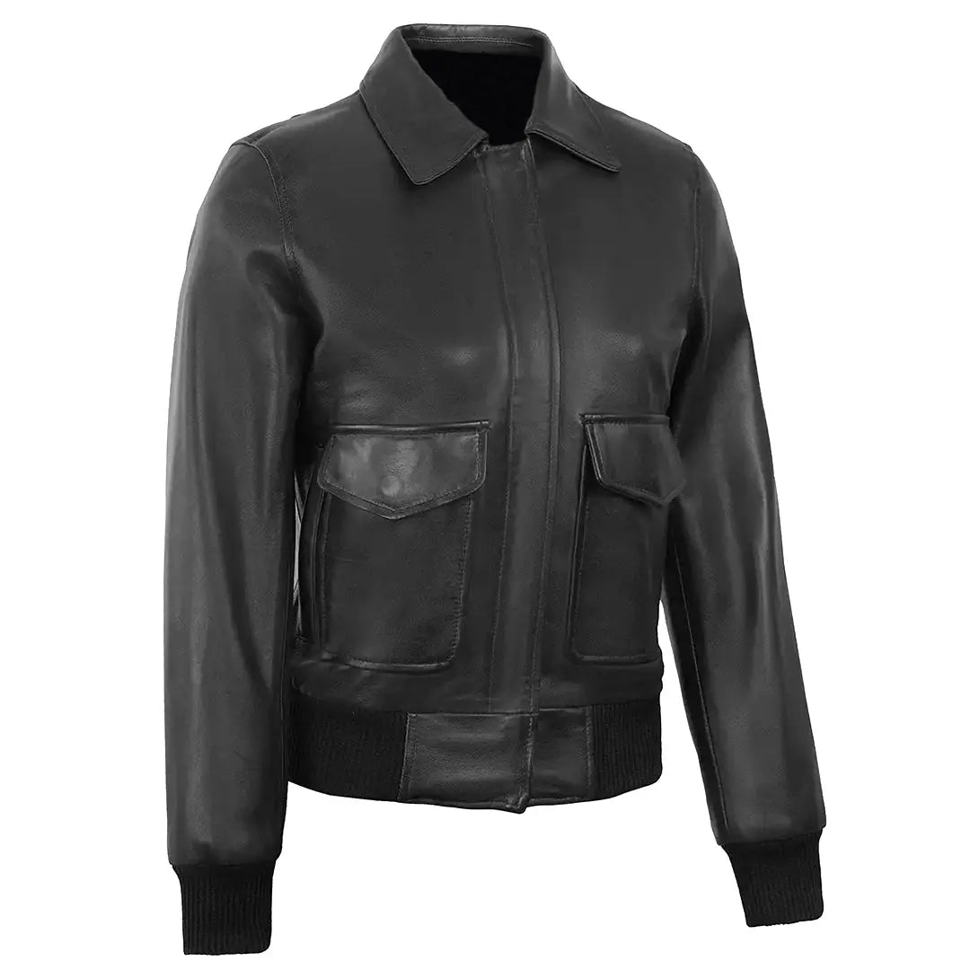 Women's Black Leather Bomber Jacket