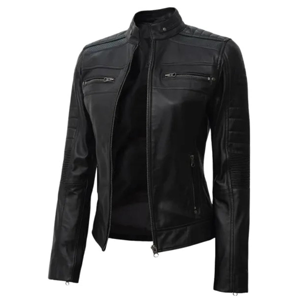 Women's Padded Leather Cafe Racer Jacket