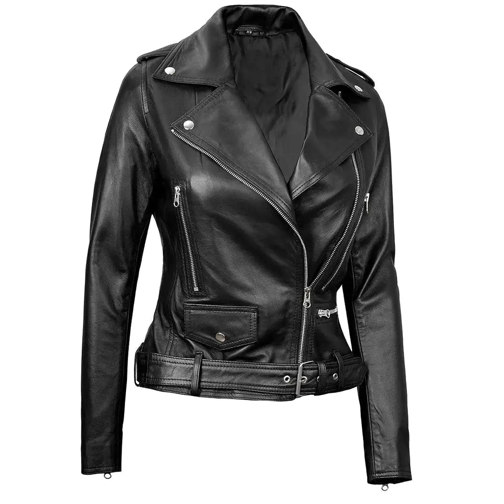Women's Black Leather Belted Moto Jacket