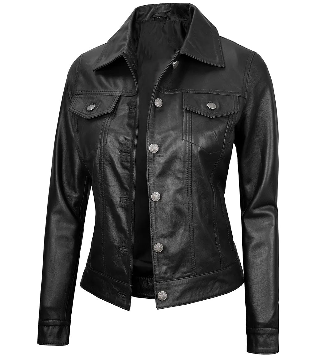 Women's Black Leather Button-Front Jacket