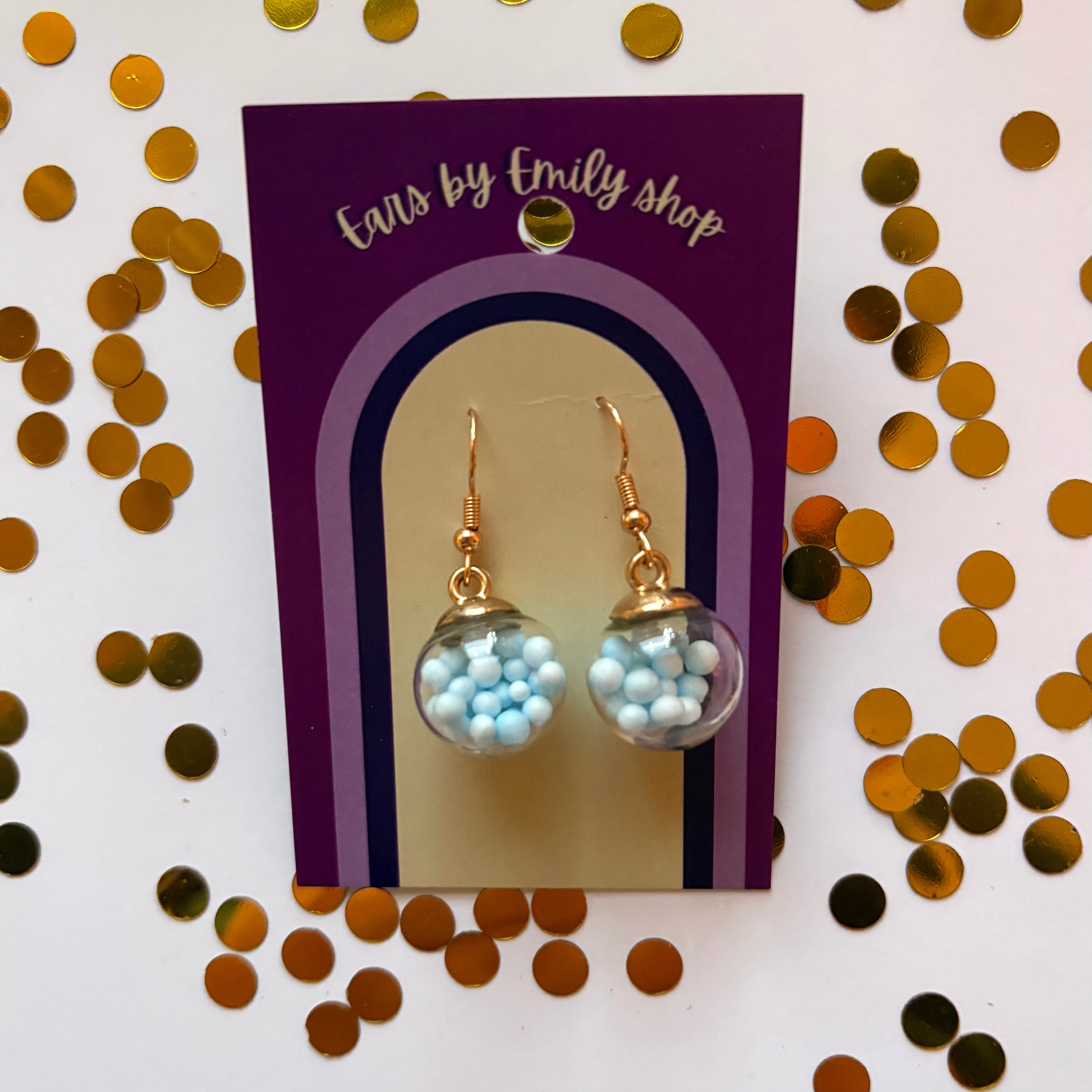 Blue ball bauble Christmas dangle earrings gold plated