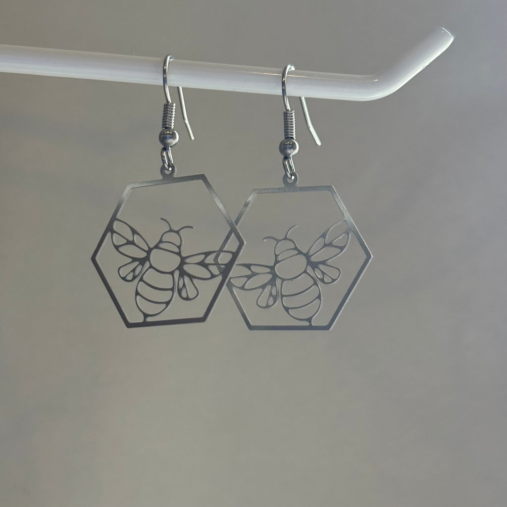 Stainless steel silver hexagon bee earrings