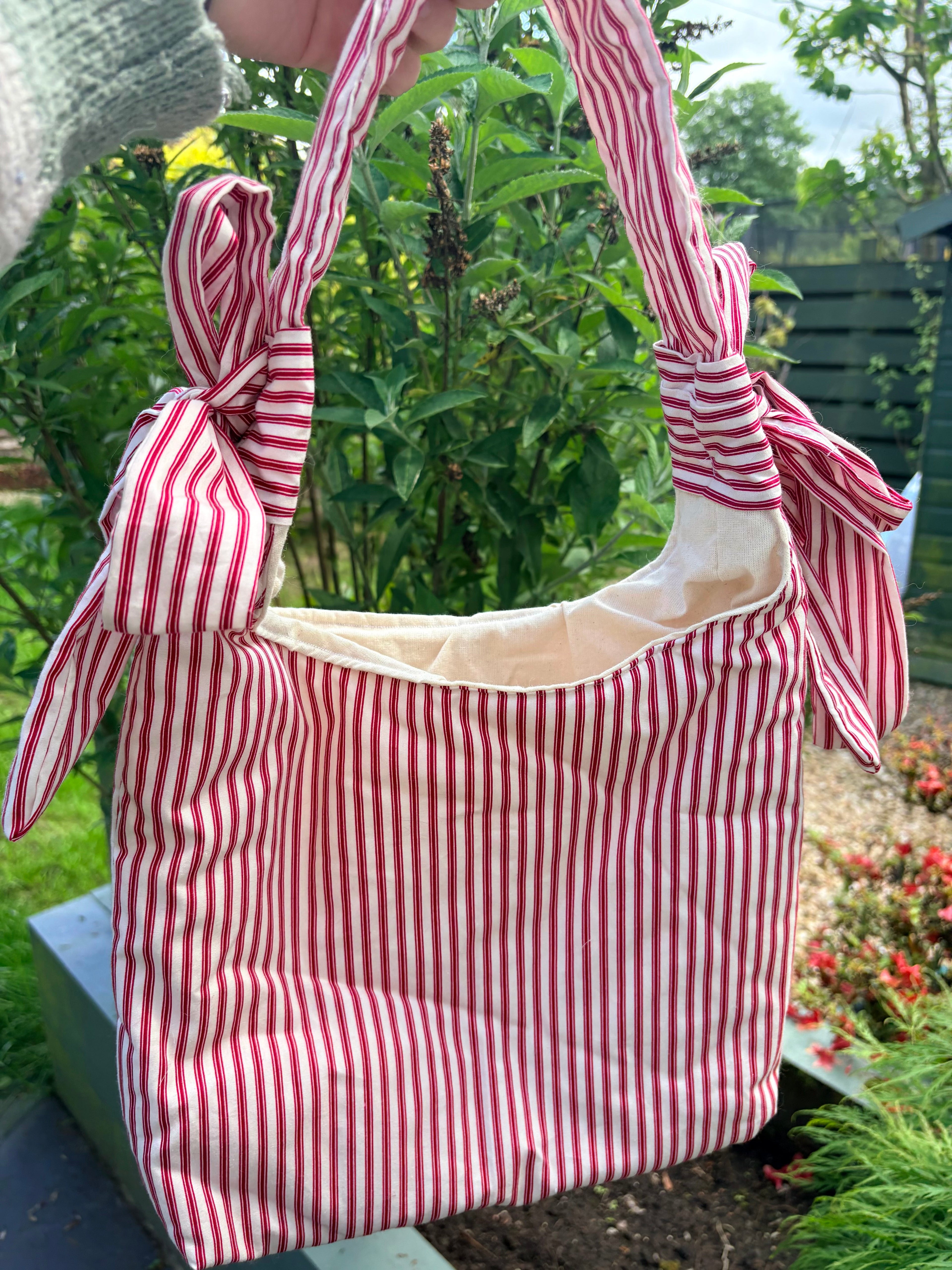 Handmade white and red stripe coquette padded tote bag with bows
