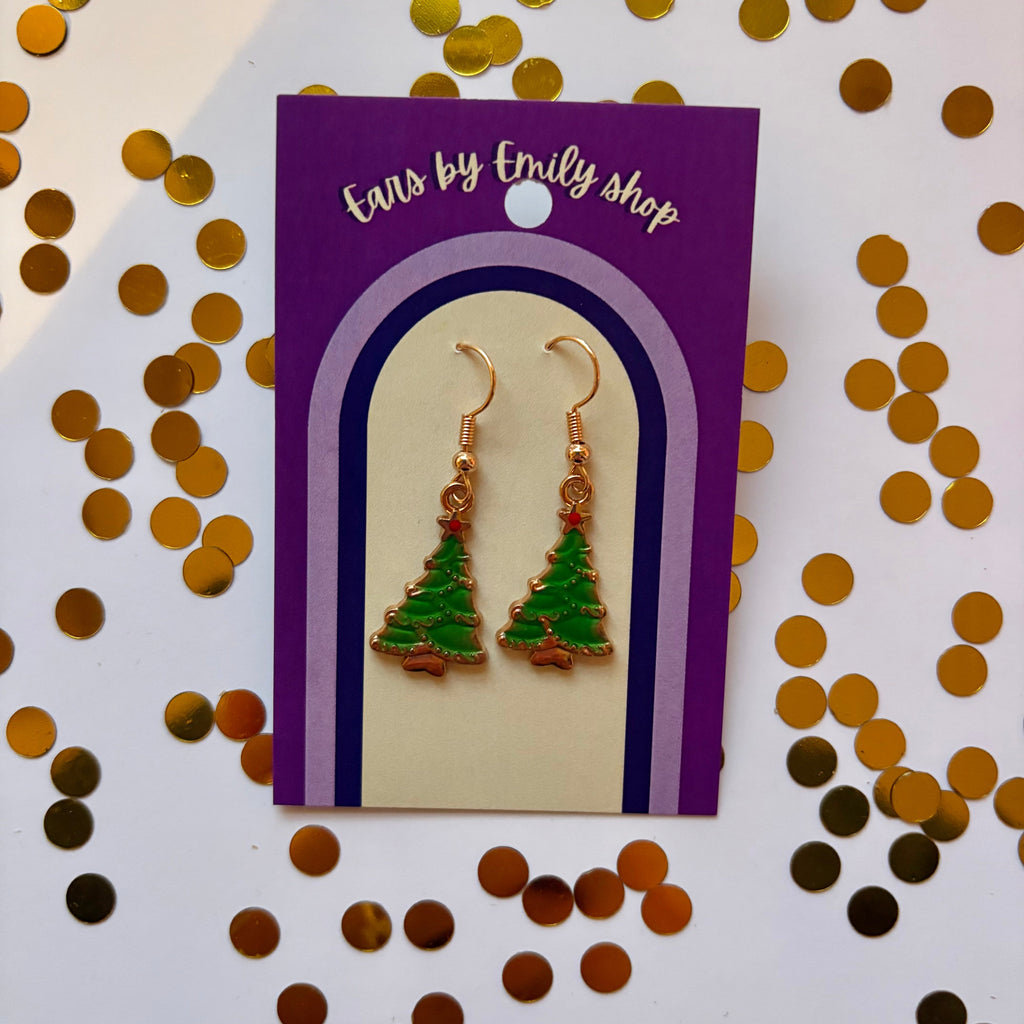 Green Christmas Tree gold earrings