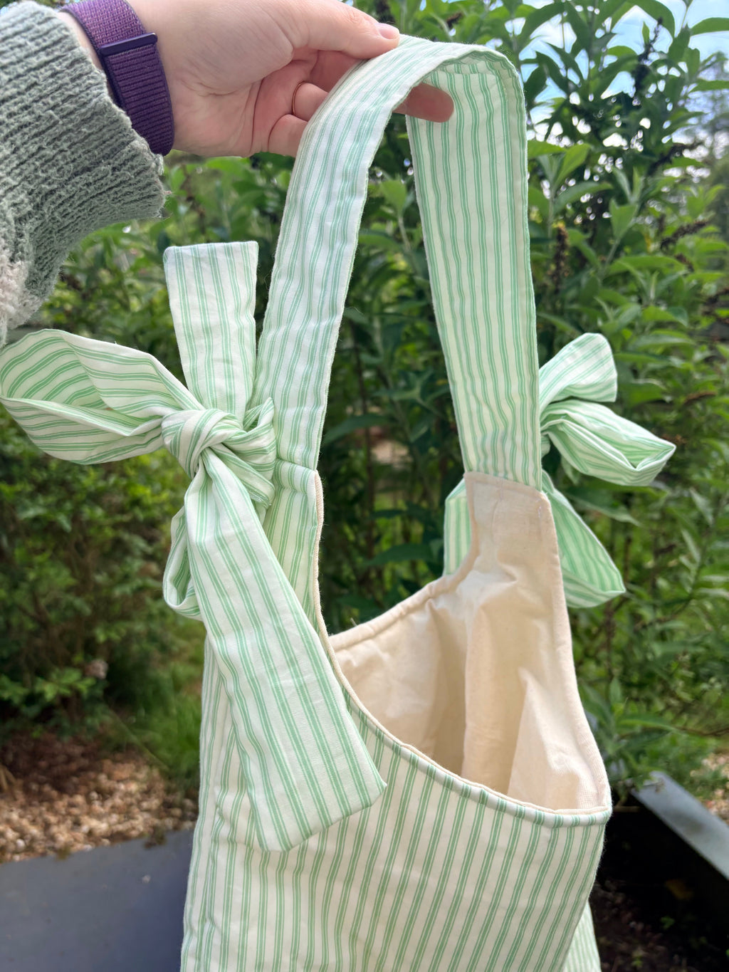 Handmade white and green stripe coquette padded tote bag with bows