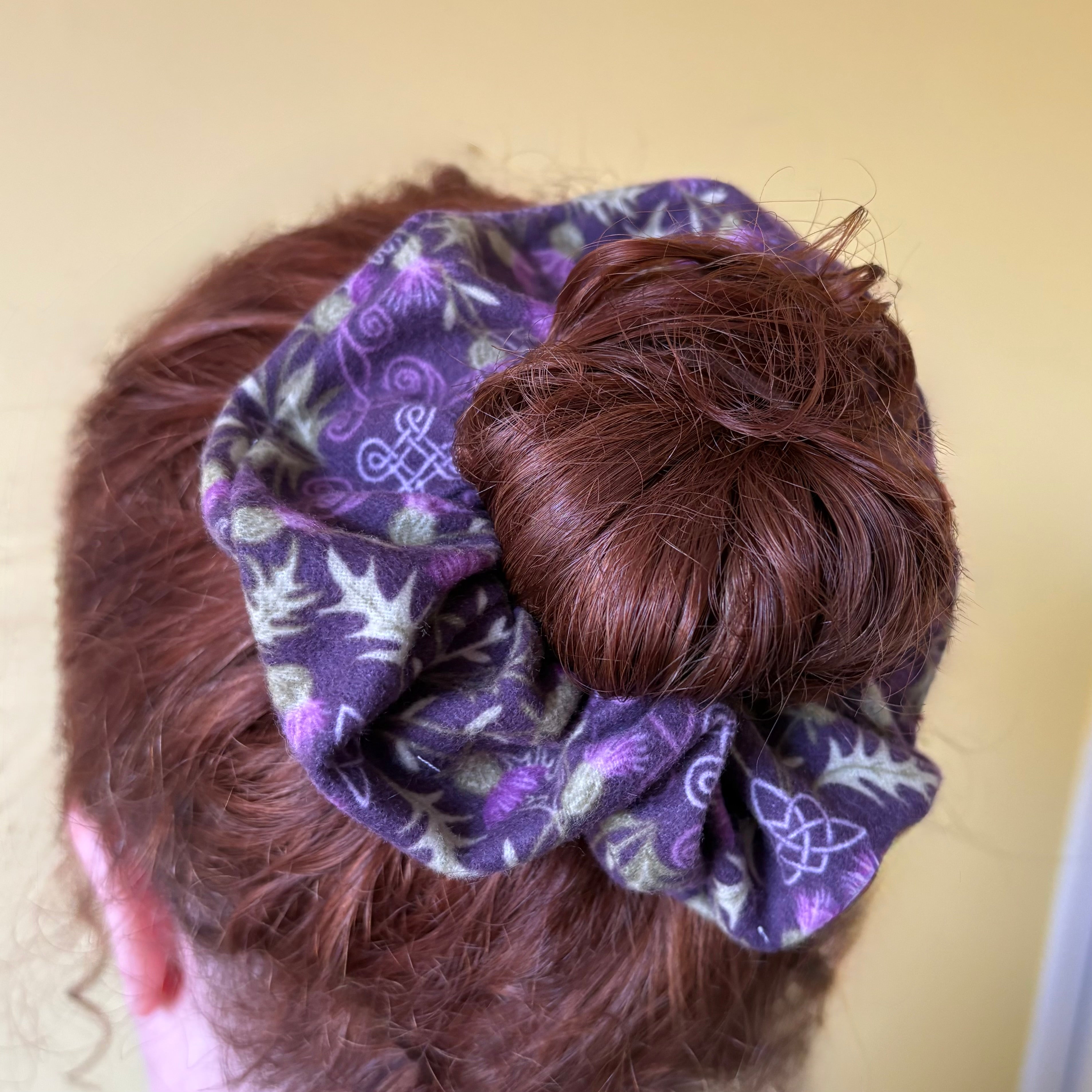Handmade big Purple brushed cotton thistle scrunchie