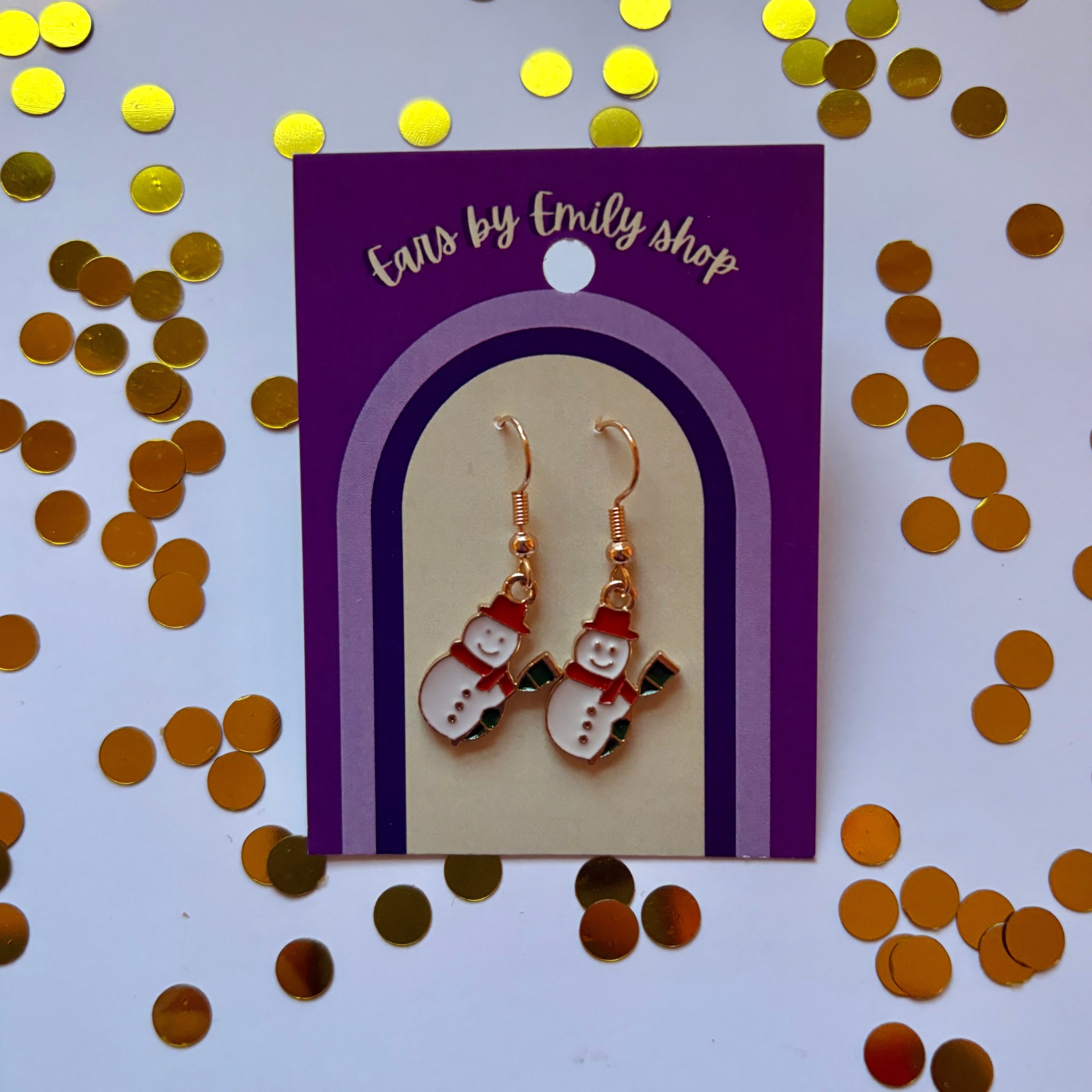 Gold and white Christmas angel snowman dangle earrings on gold plated hooks