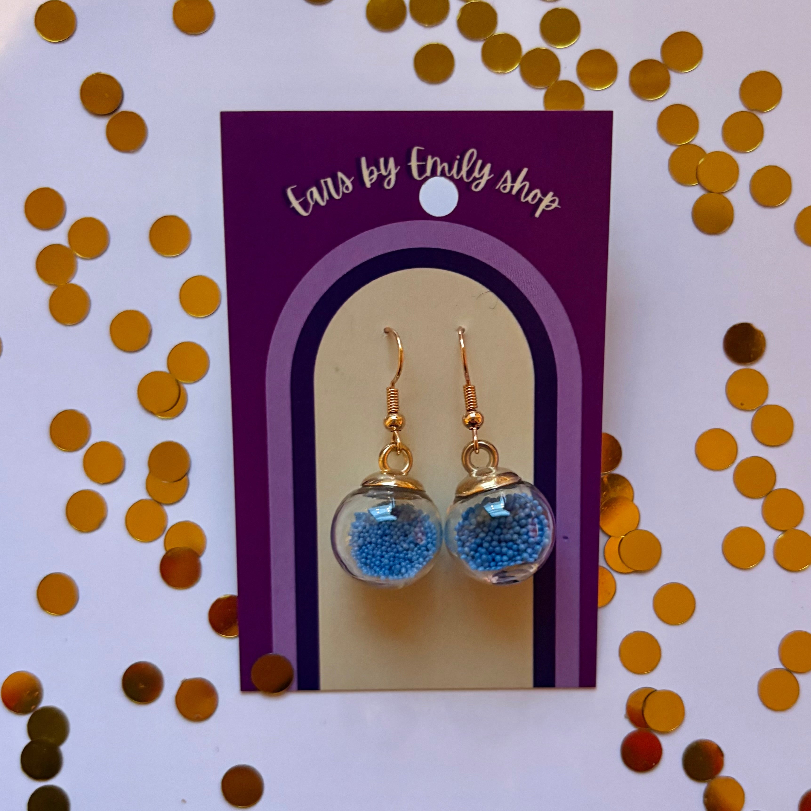 Blue ball bead sparkle bauble Christmas dangle earrings gold plated