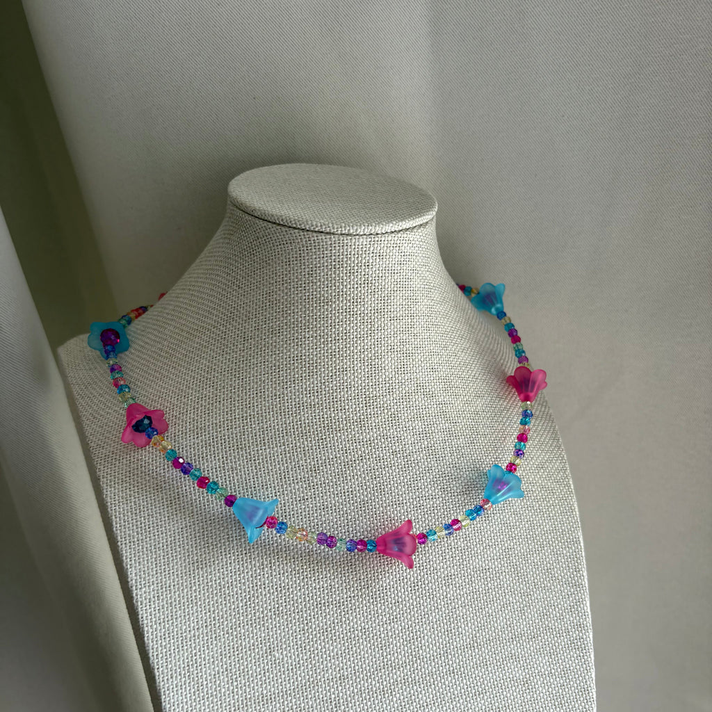 Handmade beaded pink and blue flower choker necklace