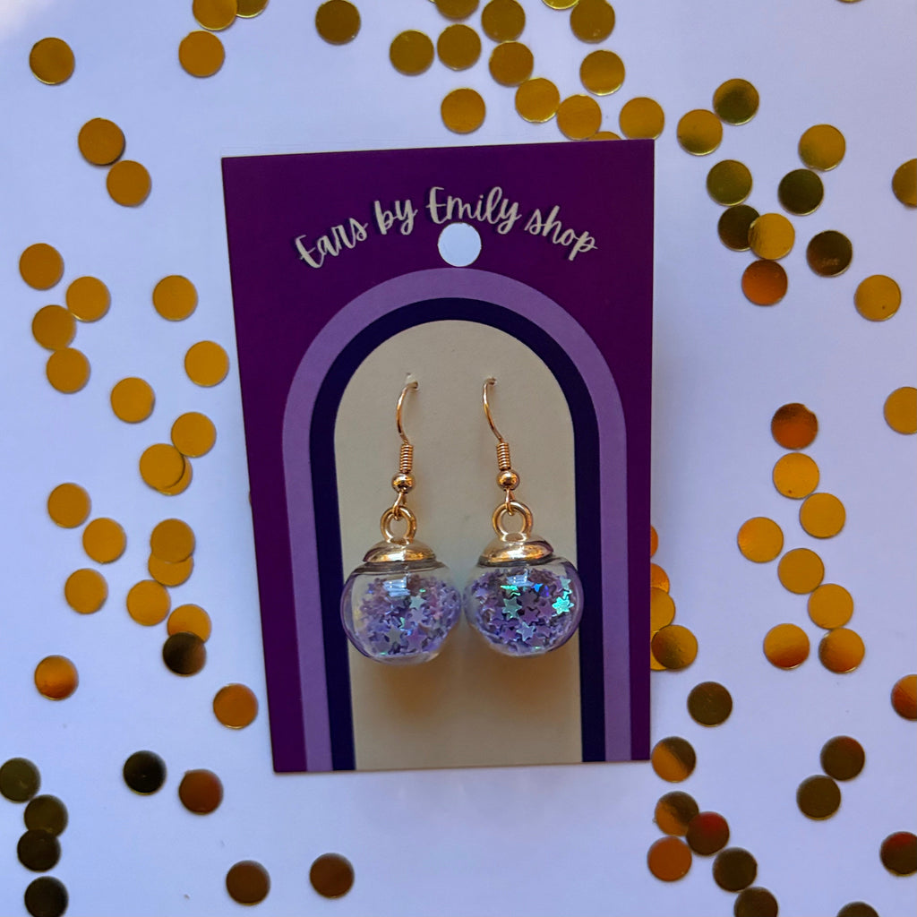 Purple star sparkle bauble Christmas dangle earrings gold plated