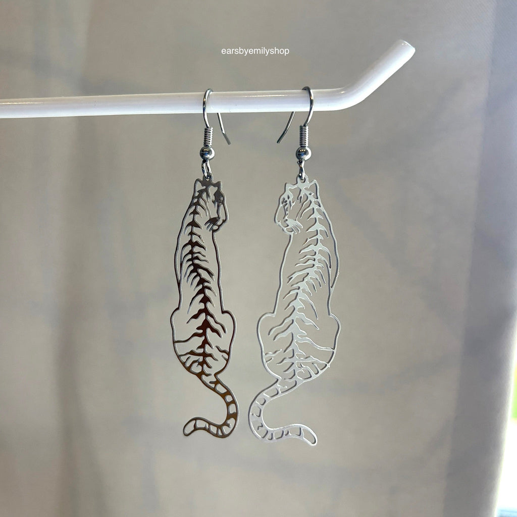 Big stainless steel silver tiger dangle earrings
