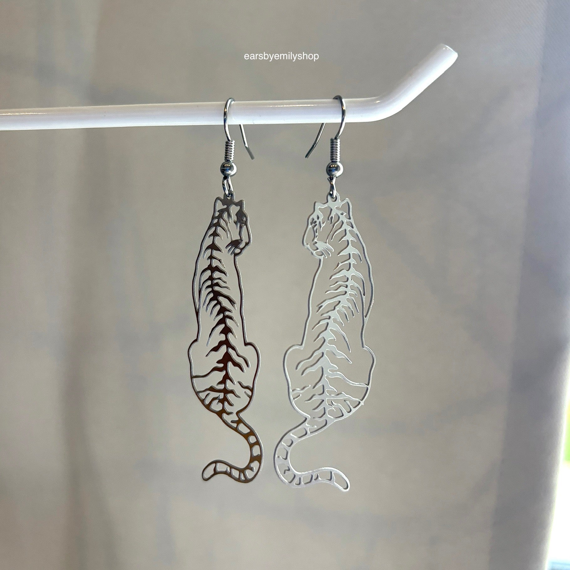 Big stainless steel silver tiger dangle earrings