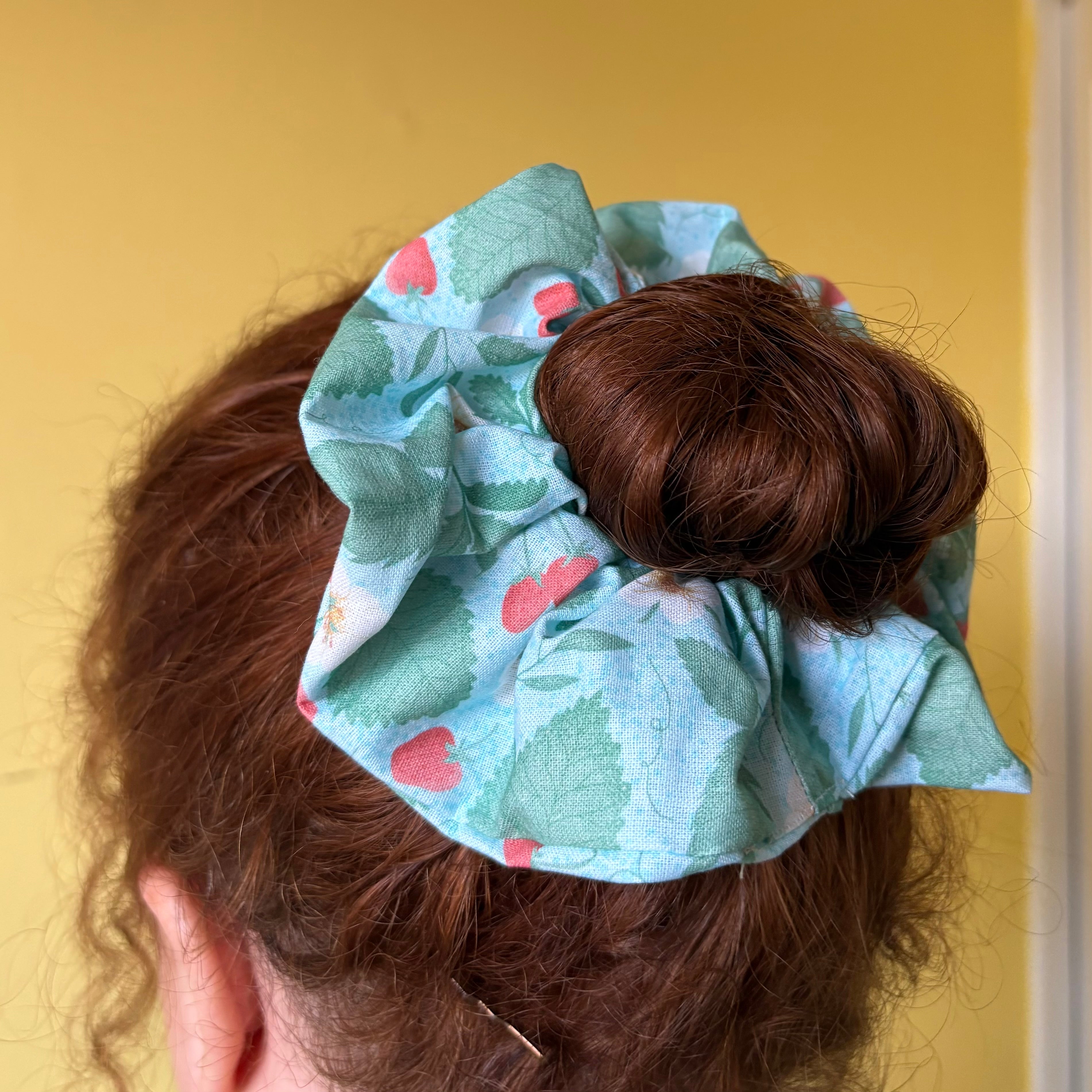 Handmade large light blue scrunchie with strawberry plants