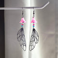 Stainless steel silver fairy wing dangle earrings with pink flowers and colourful beads