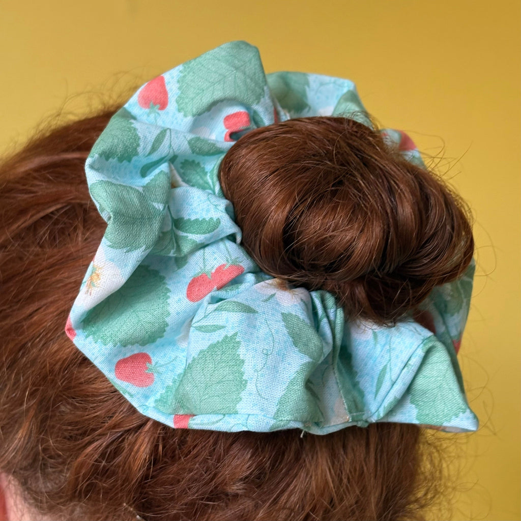 Handmade large light blue scrunchie with strawberry plants
