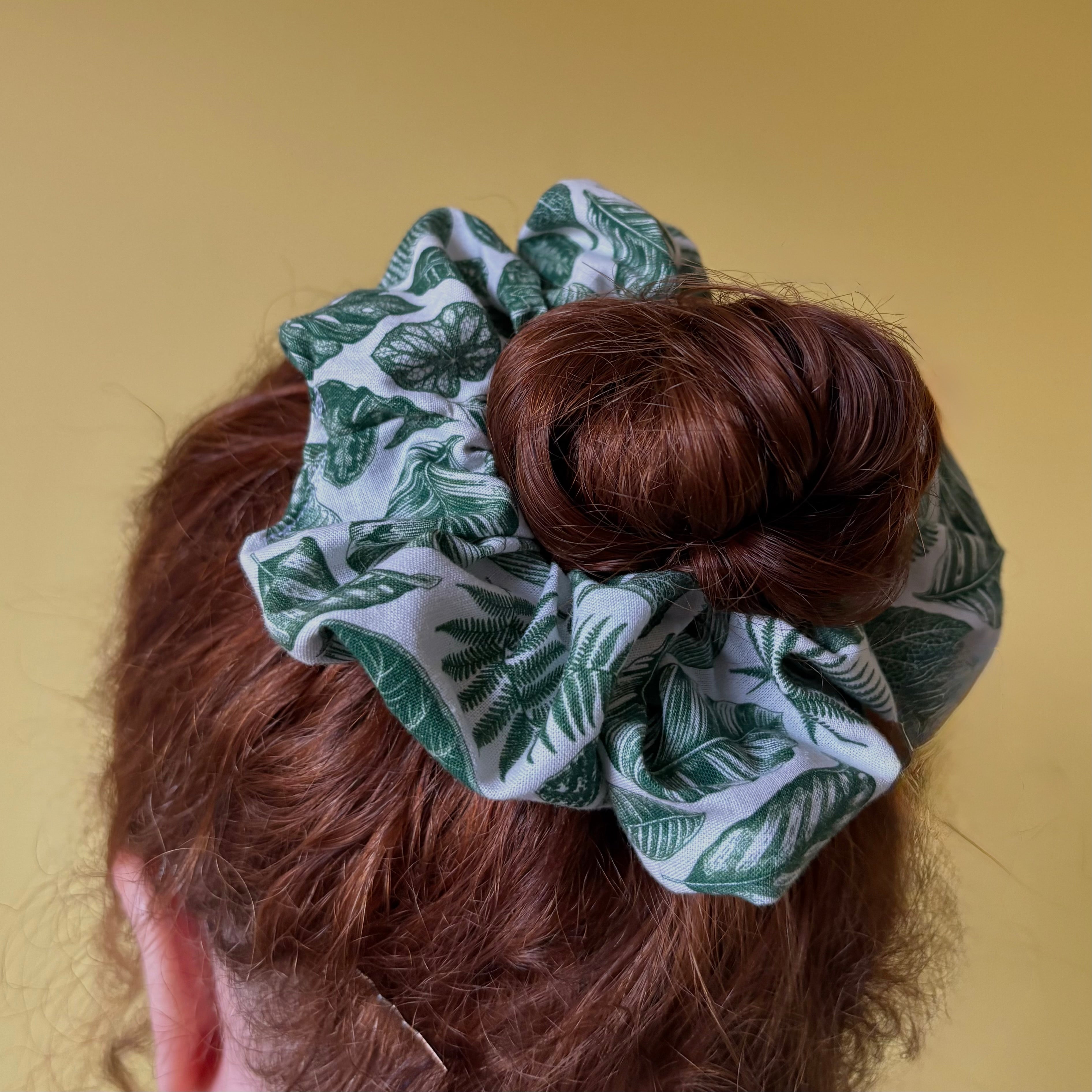Green and white leaf scrunchie