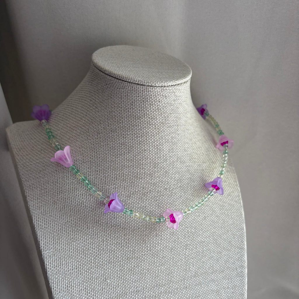Handmade beaded pink purple and green flower choker necklace