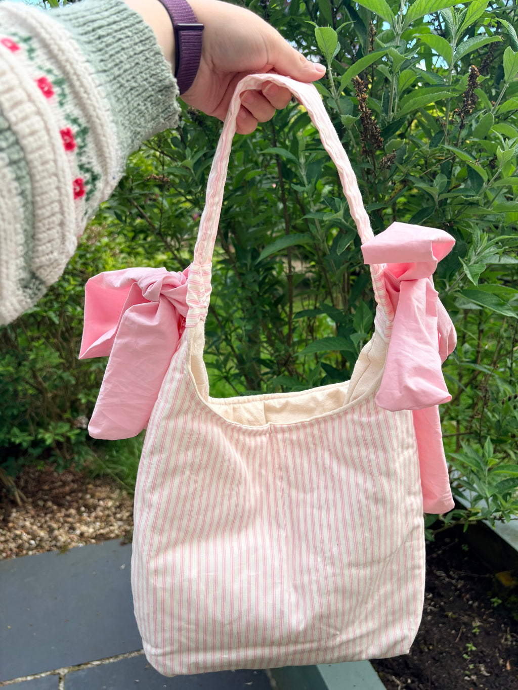 Handmade white and pink stripe coquette padded tote bag with bows
