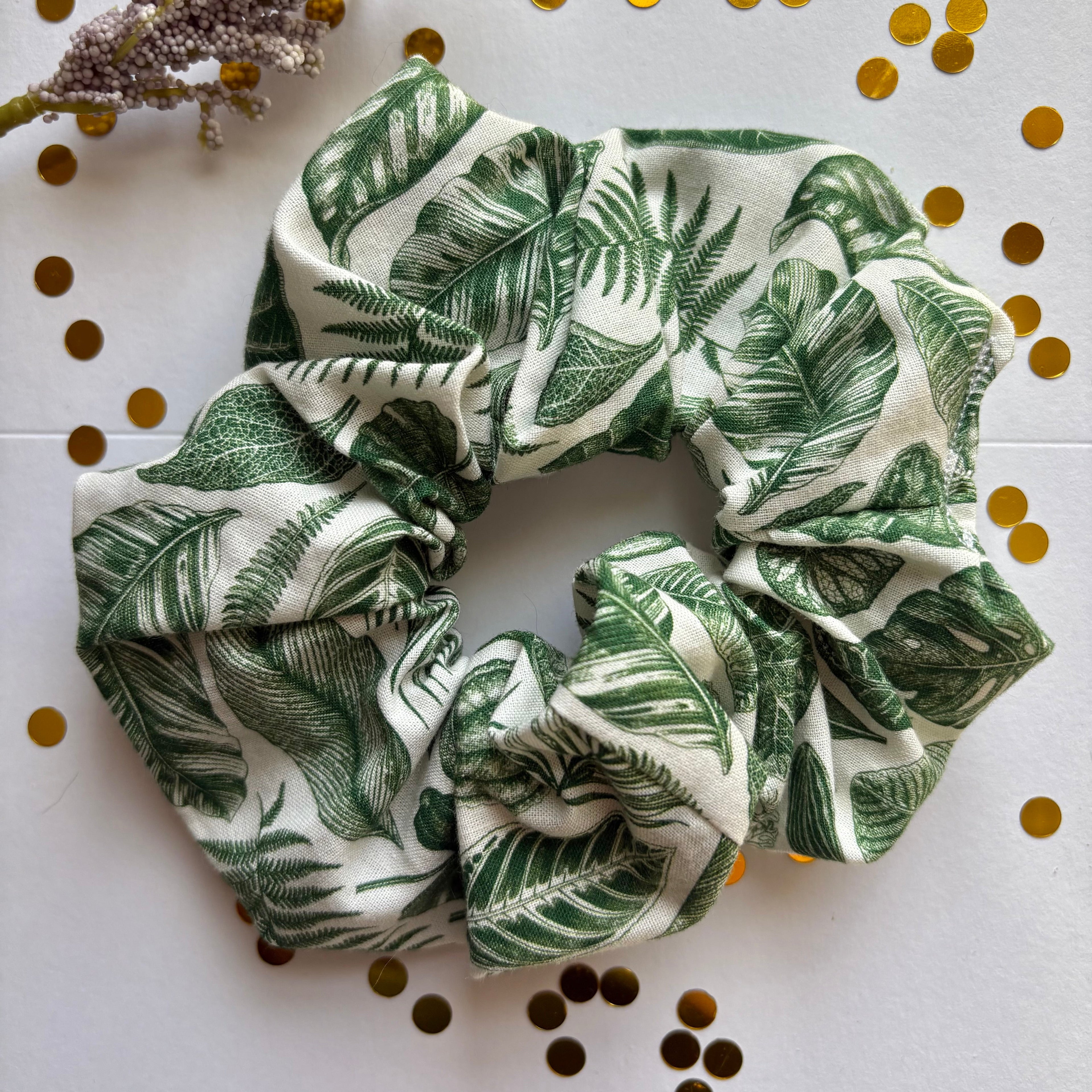 Green and white leaf scrunchie