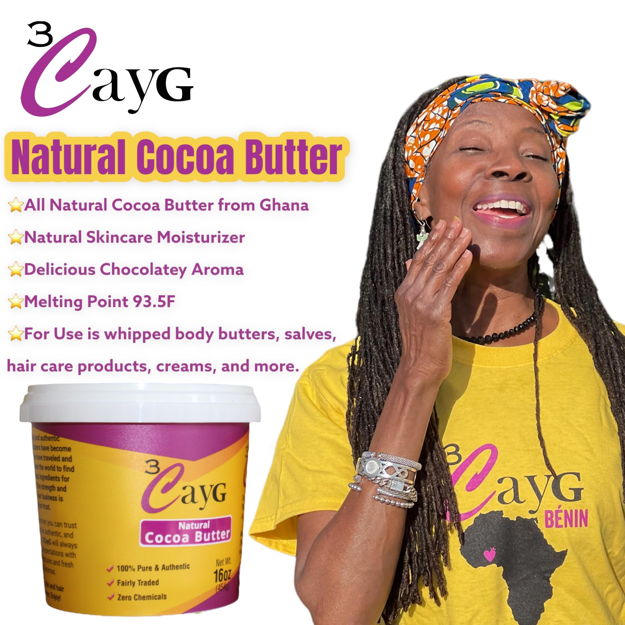 3CAYG Natural Cocoa Butter 1LB – Raw, Unrefined Skin Moisturizer & Hair Conditioner