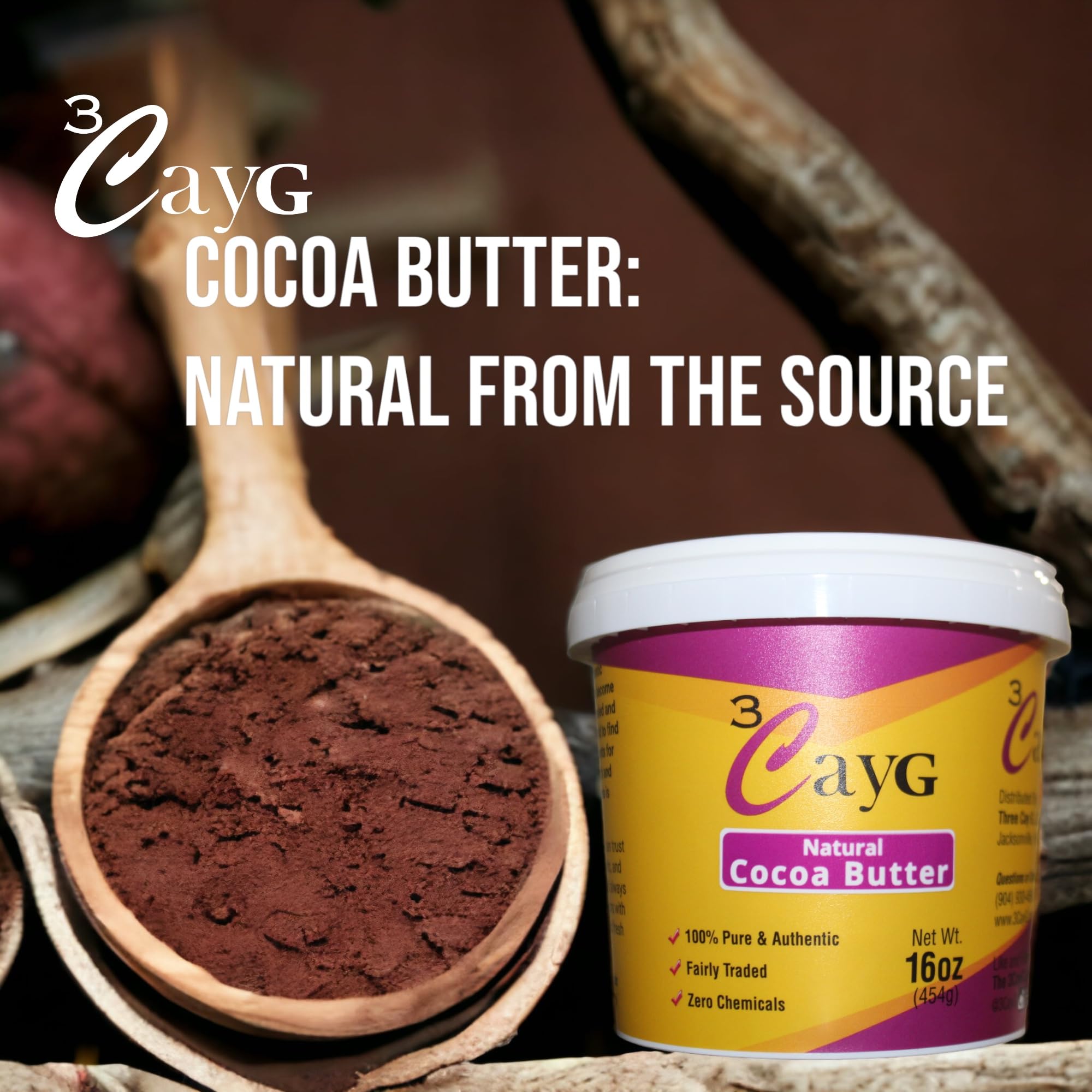 3CAYG Natural Cocoa Butter 1LB – Raw, Unrefined Skin Moisturizer & Hair Conditioner