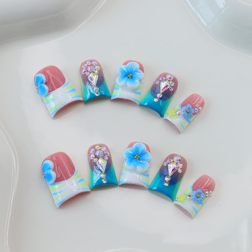 10Pcs Blue Flower Press On Nails - Handmade Short Duck Design with 3D Rhinestones