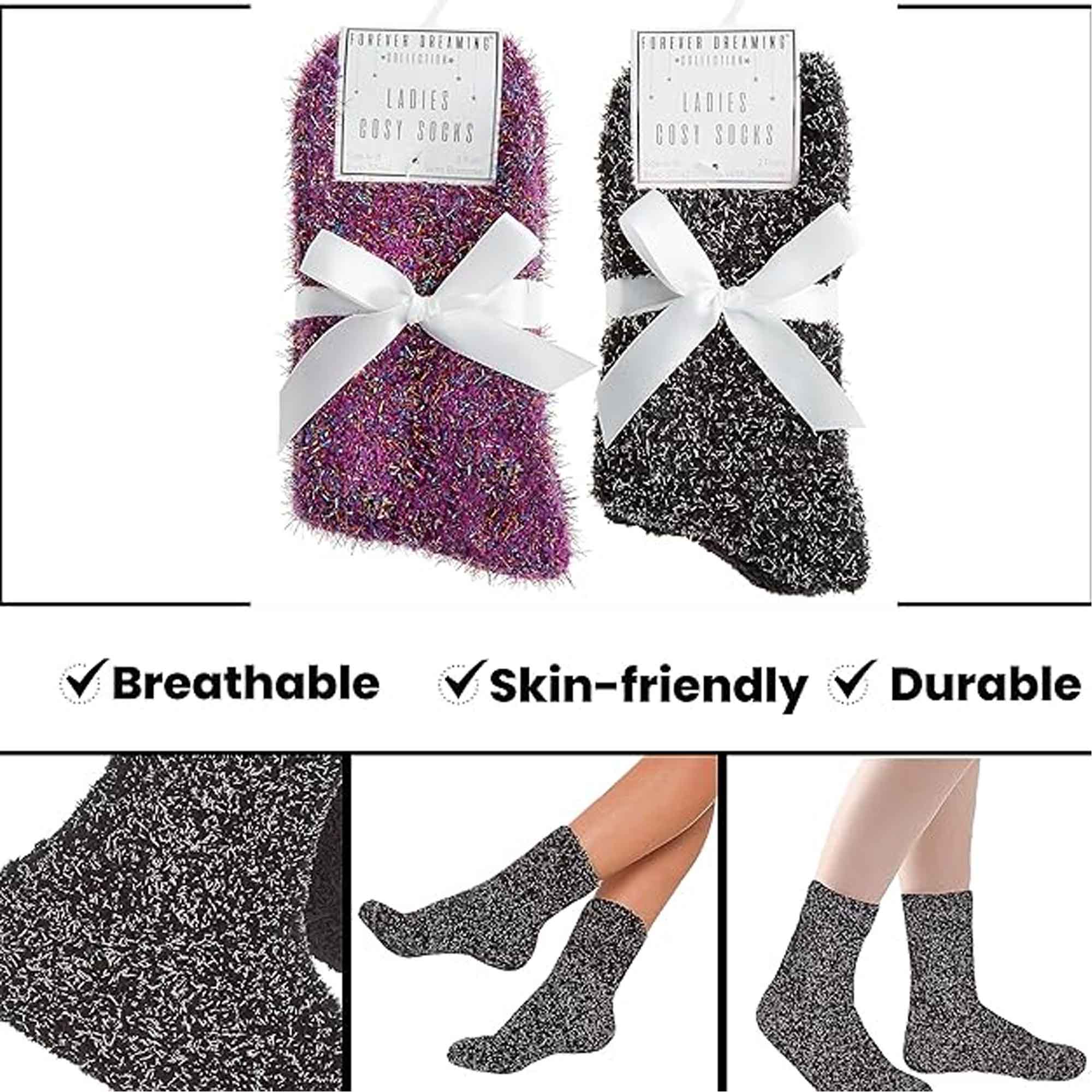 Sock Stack Womens Slipper Socks Fluffy Warm Fuzzy cosy 4 Pack Purple Black UK Size 4-8