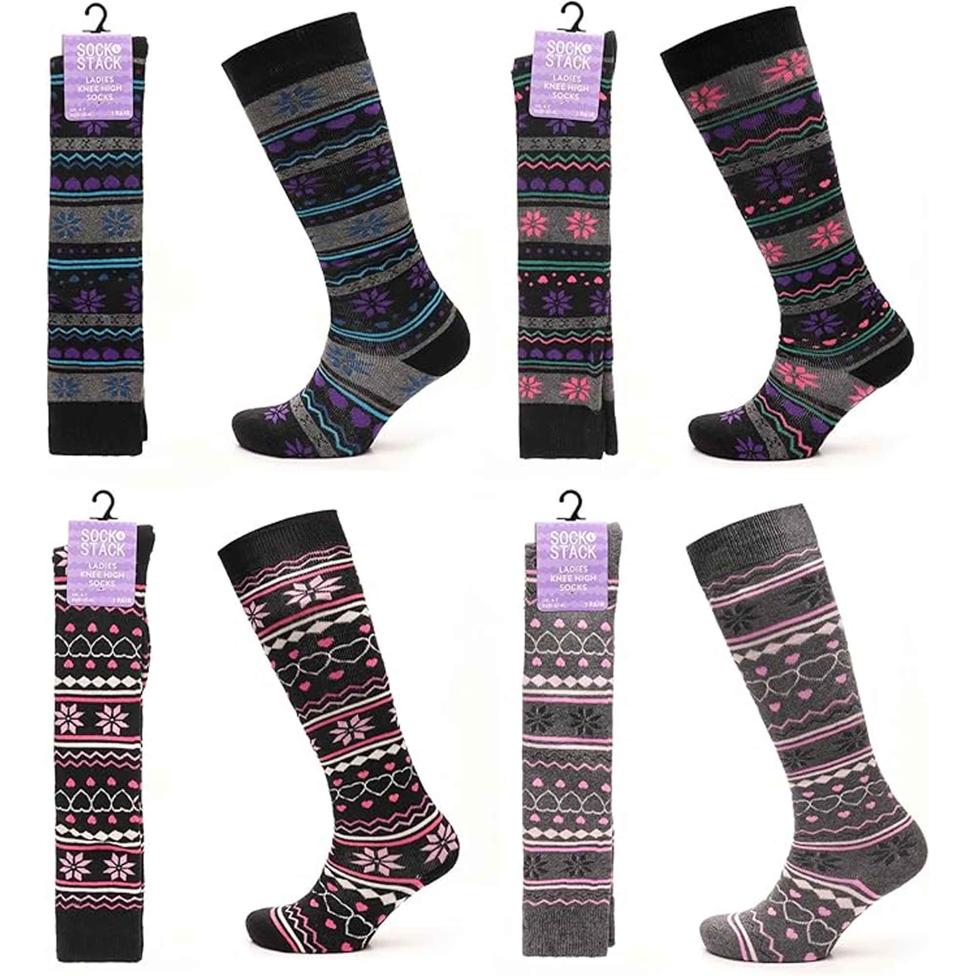 Sock Stack Ladies Ski Boot Socks Knee Length 4 Pairs Cotton Rich Full Cushioning Thermal